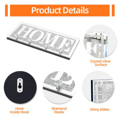 Crushed Diamond Mirrored Wall Mounted Key Hooks Storage Holder HOME Letter Sign Home Decor