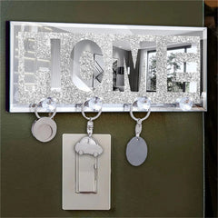 Crushed Diamond Mirrored Wall Mounted Key Hooks Storage Holder HOME Letter Sign Home Decor