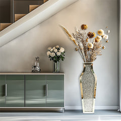 Sparkling Crushed Diamond Mirrored Floor Vase Tall Silver Glass Fake Flower Vase