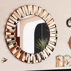 P&P Silver and Tawny Round Sunburst Mirror with Beveled Glass, Decorative Wall Accent