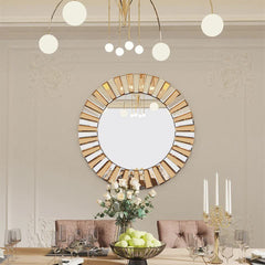 P&P Silver and Tawny Round Sunburst Mirror with Beveled Glass, Decorative Wall Accent
