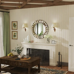 P&P Silver and Tawny Round Sunburst Mirror with Beveled Glass, Decorative Wall Accent