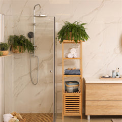 Large Bathroom Floor Cabinet Bamboo Storage Cupboard Living Room w/ Hook & Shelf