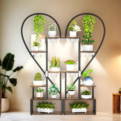 P&P Black & Brown Heart-Shaped Plant Stand with USB Grow Lights for Indoor Plant Display
