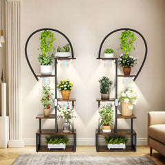 P&P Black & Brown Heart-Shaped Plant Stand with USB Grow Lights for Indoor Plant Display