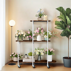 FIN Vintage Plant Holder 3 Tiers Storage Shelf Unit with Lockable Casters Garden