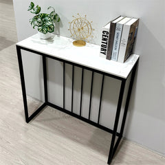 80cm White & Grey Sintered Stone Console Table Storage Table Behind Sofa W/ Black Metal Frame