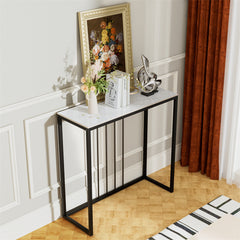 80cm White & Grey Sintered Stone Console Table Storage Table Behind Sofa W/ Black Metal Frame