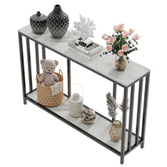 2-Tier White Marble Entryway Console Table Extra Long Foyer Couch Table