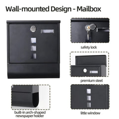 Lockable Mailbox Wall Mounted Mail Letter Post Box with Newspaper Holder Rack