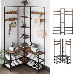Xxl Corner Coat Stand Widen Depth Bench Shoe Rack Storage Shelves 10 Dual Hooks