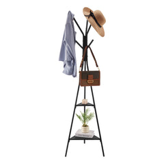 Gold Coat Rack, Freestanding Coats Rack Stand with 2 Shelves & 6 Hooks, Free Standing Hall Coat Tree