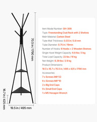 Gold Coat Rack, Freestanding Coats Rack Stand with 2 Shelves & 6 Hooks, Free Standing Hall Coat Tree