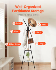 Gold Coat Rack, Freestanding Coats Rack Stand with 2 Shelves & 6 Hooks, Free Standing Hall Coat Tree