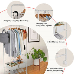 2Tier Rolling Free-Standing Clothing Garment Rack Closet Organizer Open Wardrobe