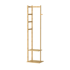 Bamboo Coat Stand Clothes Rack with Garment Shelf, Hanging Rail and Hooks