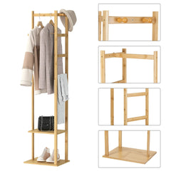 Bamboo Coat Stand Clothes Rack with Garment Shelf, Hanging Rail and Hooks