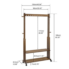 Walnut Wood Rolling Clothing Garment Rack Open Wardrobe Entryway Bedroom Shop