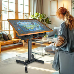 Wooden Jigsaw Puzzle Table with Tilt, Drawers and Rolling Wheels