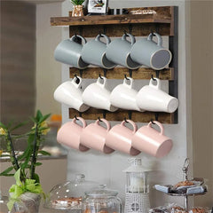 Heavy Duty Wall Mount Coffee Teacup Mug Rack Wood 12 Hook Holder Display Storage