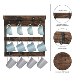 Heavy Duty Wall Mount Coffee Teacup Mug Rack Wood 12 Hook Holder Display Storage