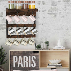 Heavy Duty Wall Mount Coffee Teacup Mug Rack Wood 12 Hook Holder Display Storage