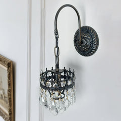 Vintage Wall Light Sconce with Clear Crystals, Black and Gold Glass Wall Lamp, 3-Mode Dimmable LED E14 Lighting Fixture for Home, Bathroom, Dining Room, Hallway