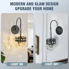 Vintage Wall Light Sconce with Clear Crystals, Black and Gold Glass Wall Lamp, 3-Mode Dimmable LED E14 Lighting Fixture for Home, Bathroom, Dining Room, Hallway