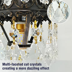 Vintage Wall Light Sconce with Clear Crystals, Black and Gold Glass Wall Lamp, 3-Mode Dimmable LED E14 Lighting Fixture for Home, Bathroom, Dining Room, Hallway