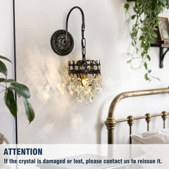 Vintage Wall Light Sconce with Clear Crystals, Black and Gold Glass Wall Lamp, 3-Mode Dimmable LED E14 Lighting Fixture for Home, Bathroom, Dining Room, Hallway