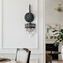 Vintage Wall Light Sconce with Clear Crystals, Black and Gold Glass Wall Lamp, 3-Mode Dimmable LED E14 Lighting Fixture for Home, Bathroom, Dining Room, Hallway