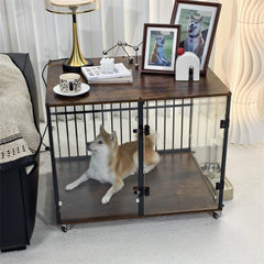 Anti-Bite Glass Indoor Dog Cage - Modern Furniture Style Dog Kennel End Table with Lockable Wheels and Double Doors