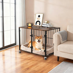 Anti-Bite Glass Indoor Dog Cage - Modern Furniture Style Dog Kennel End Table with Lockable Wheels and Double Doors