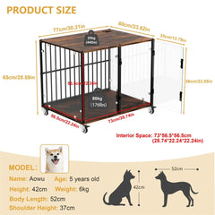 Anti-Bite Glass Indoor Dog Cage - Modern Furniture Style Dog Kennel End Table with Lockable Wheels and Double Doors