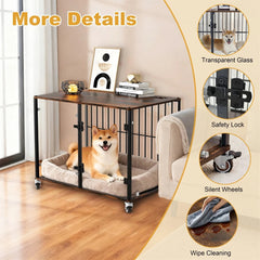 Anti-Bite Glass Indoor Dog Cage - Modern Furniture Style Dog Kennel End Table with Lockable Wheels and Double Doors