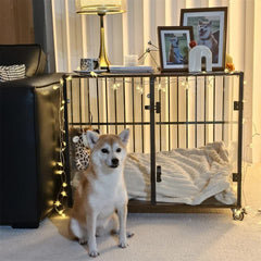Anti-Bite Glass Indoor Dog Cage - Modern Furniture Style Dog Kennel End Table with Lockable Wheels and Double Doors