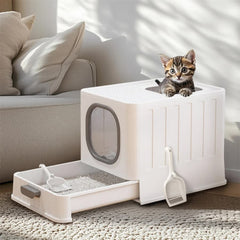 Big Top Entry Deep Tray Enclosed Kitty Cat Litter Box Easy To Clean Pull Handle