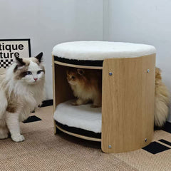 Natural Wood Cat Bunk Bed with Cushioned Two Tiers for Stylish Pet Comfort