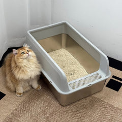 P&P Grey Silver Stainless Steel Cat Litter Box with High Sides, Open Top and Scoop