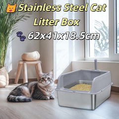 P&P Grey Silver Stainless Steel Cat Litter Box with High Sides, Open Top and Scoop
