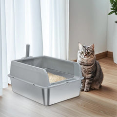 P&P Grey Silver Stainless Steel Cat Litter Box with High Sides, Open Top and Scoop