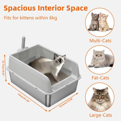 P&P Grey Silver Stainless Steel Cat Litter Box with High Sides, Open Top and Scoop