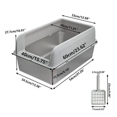P&P Grey Silver Stainless Steel Cat Litter Box with High Sides, Open Top and Scoop