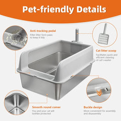 P&P Grey Silver Stainless Steel Cat Litter Box with High Sides, Open Top and Scoop