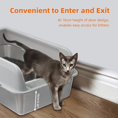 P&P Grey Silver Stainless Steel Cat Litter Box with High Sides, Open Top and Scoop