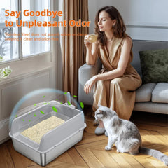 P&P Grey Silver Stainless Steel Cat Litter Box with High Sides, Open Top and Scoop