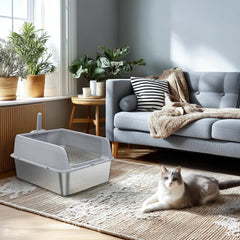 P&P Grey Silver Stainless Steel Cat Litter Box with High Sides, Open Top and Scoop