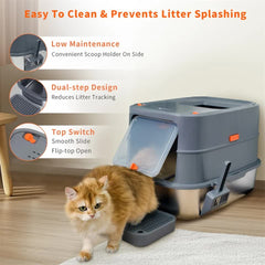 P&P Jumbo Stainless Steel Cat Litter Box for Multi-Cats Large Toilet Box with Removable Lid