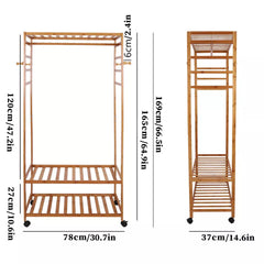 XXL Wooden Clothes Rail Coat Rack with Wheels – Open Wardrobe Organizer