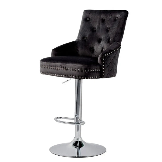 Luxury Black Velvet Swivel Bar Stool With Lion Knocker & Cross Stitch High Back